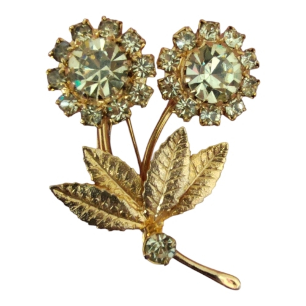 Vintage Gold Tone Floral Rhinestone Brooch